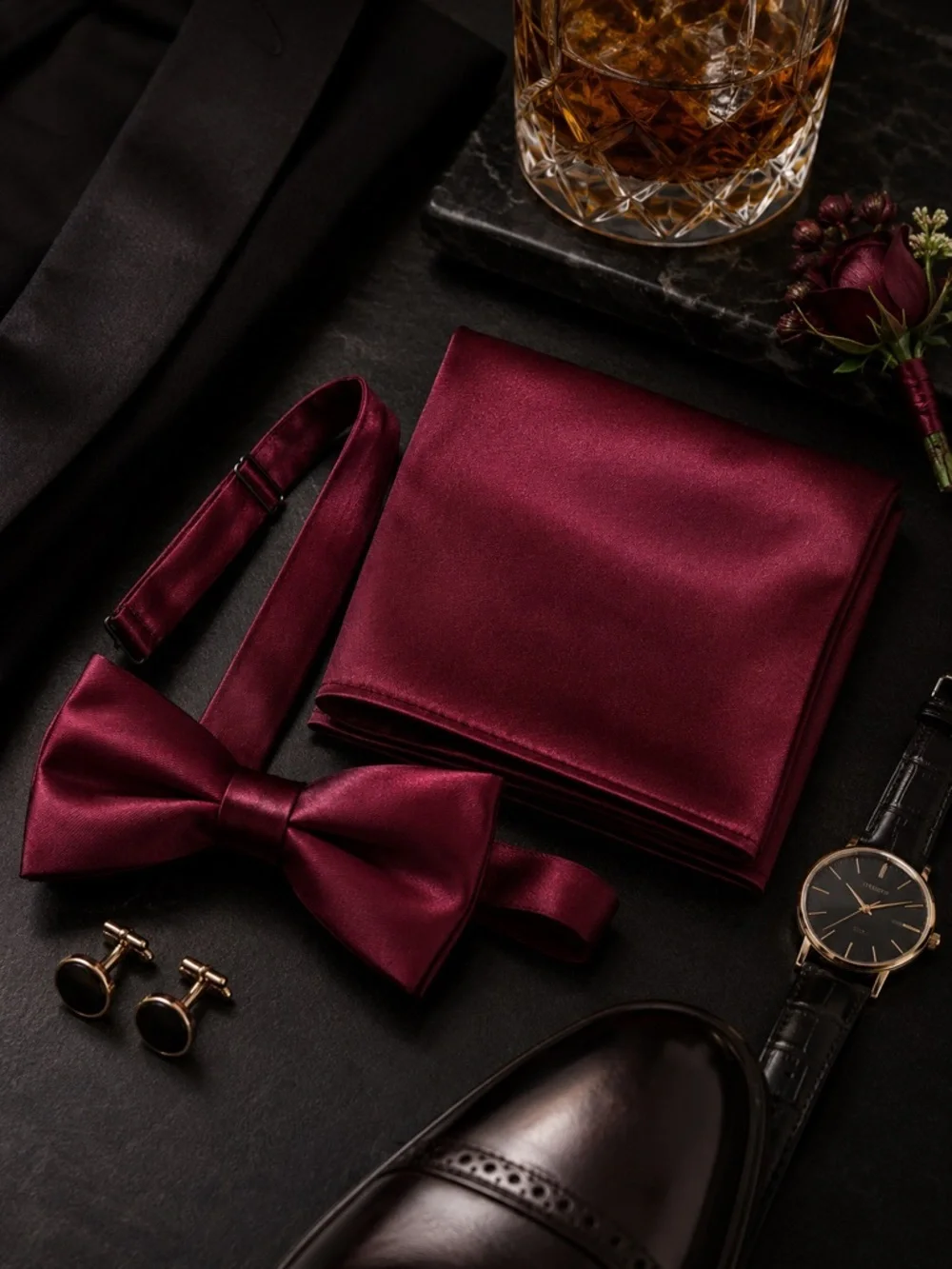 Elegant Burgundy Wine Bow Tie and Pocket Square Set